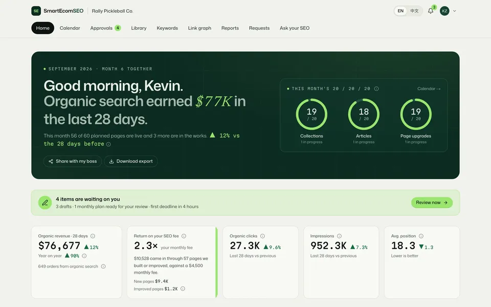 SmartEcomSEO client portal: dashboard