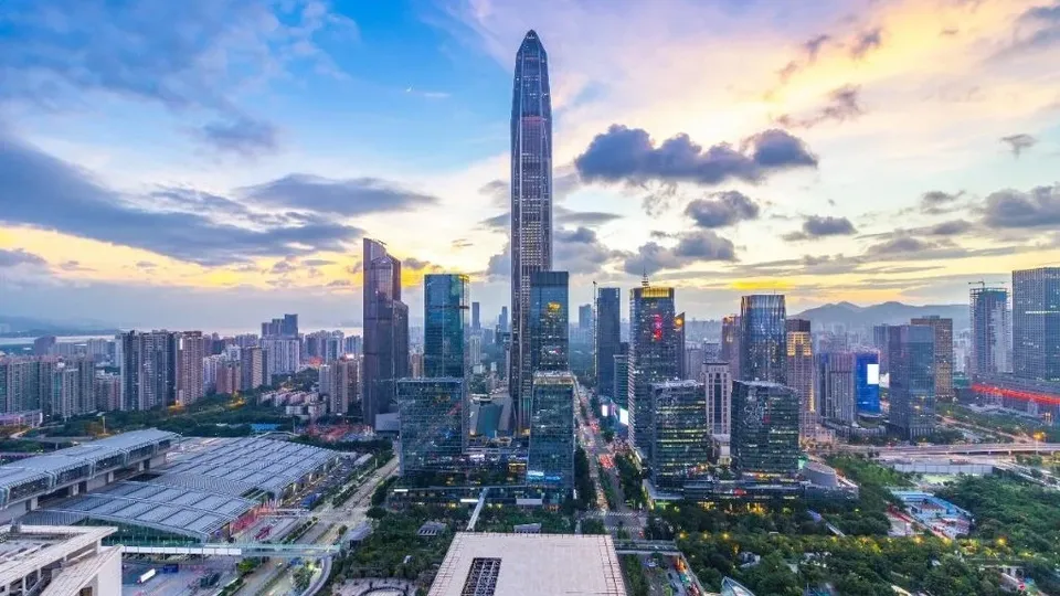 Shenzhen skyline with Ping An Finance Centre at sunset