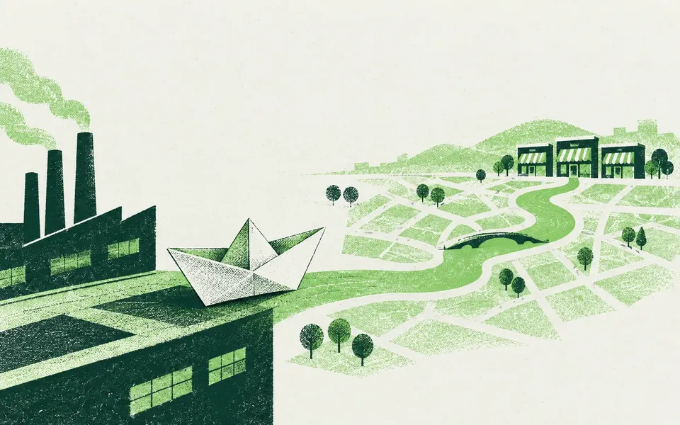 Risograph illustration of a paper boat sailing from a factory rooftop toward distant storefronts