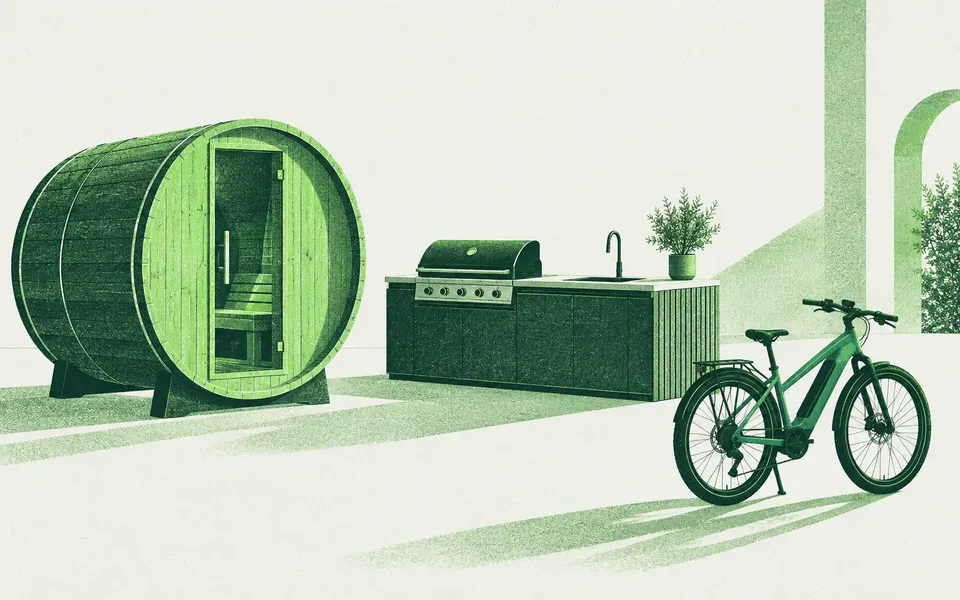 Risograph illustration of a sauna barrel, outdoor kitchen island and e-bike in a quiet showroom
